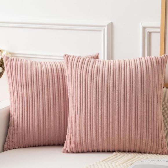Set 2 Big Petal Pink Blush Soft Corduroy Stripe Velvet Pillow Covers Pillows New - Picture 1 of 10